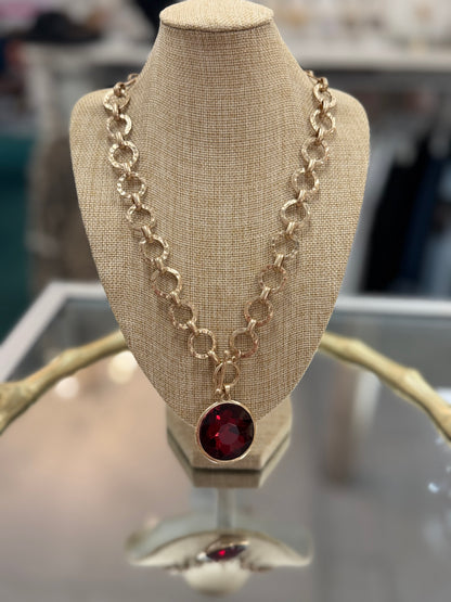 Large Gold Chain Necklace w/ Red Rhinestone