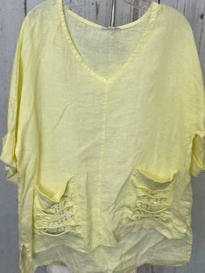 Made in Italy Linen Blouse with Lace and Ripped Fabric Front Pockets