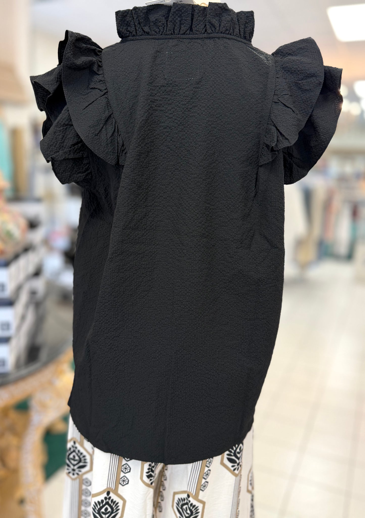 Umgee Black Textured Ruffle Sleeve V-Neck Blouse