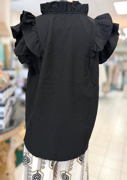 Umgee Black Textured Ruffle Sleeve V-Neck Blouse