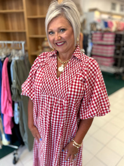 Umgee Crimson Puff Sleeve Plaid Midi Dress