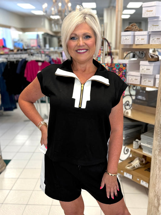 Jodifl Black Front Zip Top & Drawstring Short Set