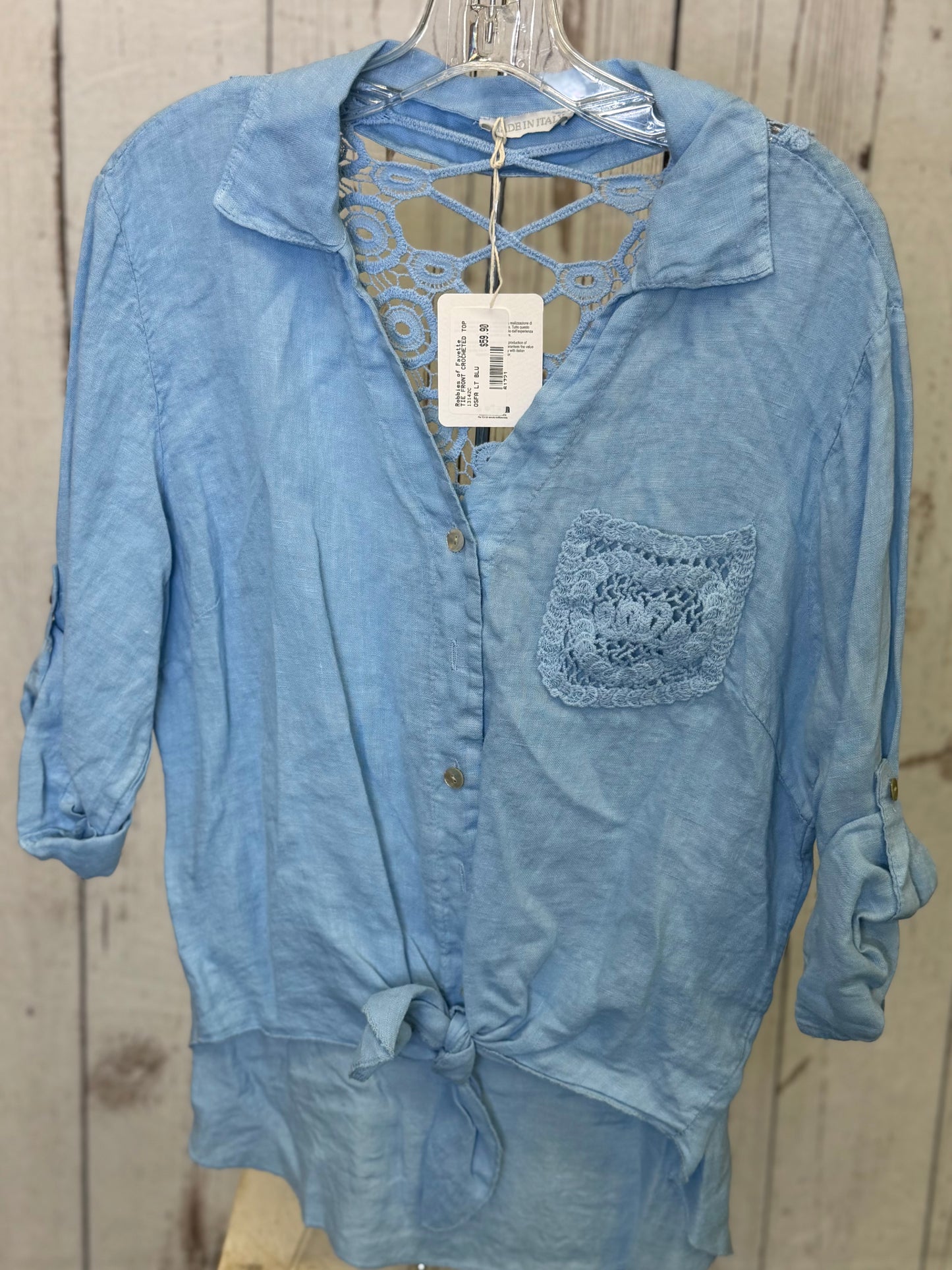 Made in Italy Tie Front Linen Top with Crocheted Back Detail