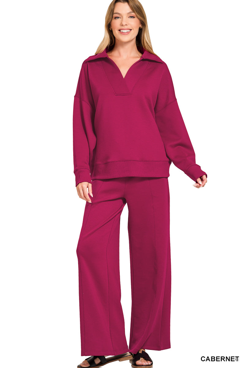 Zenana SCUBA COLLARED PULLOVER & PANTS SET