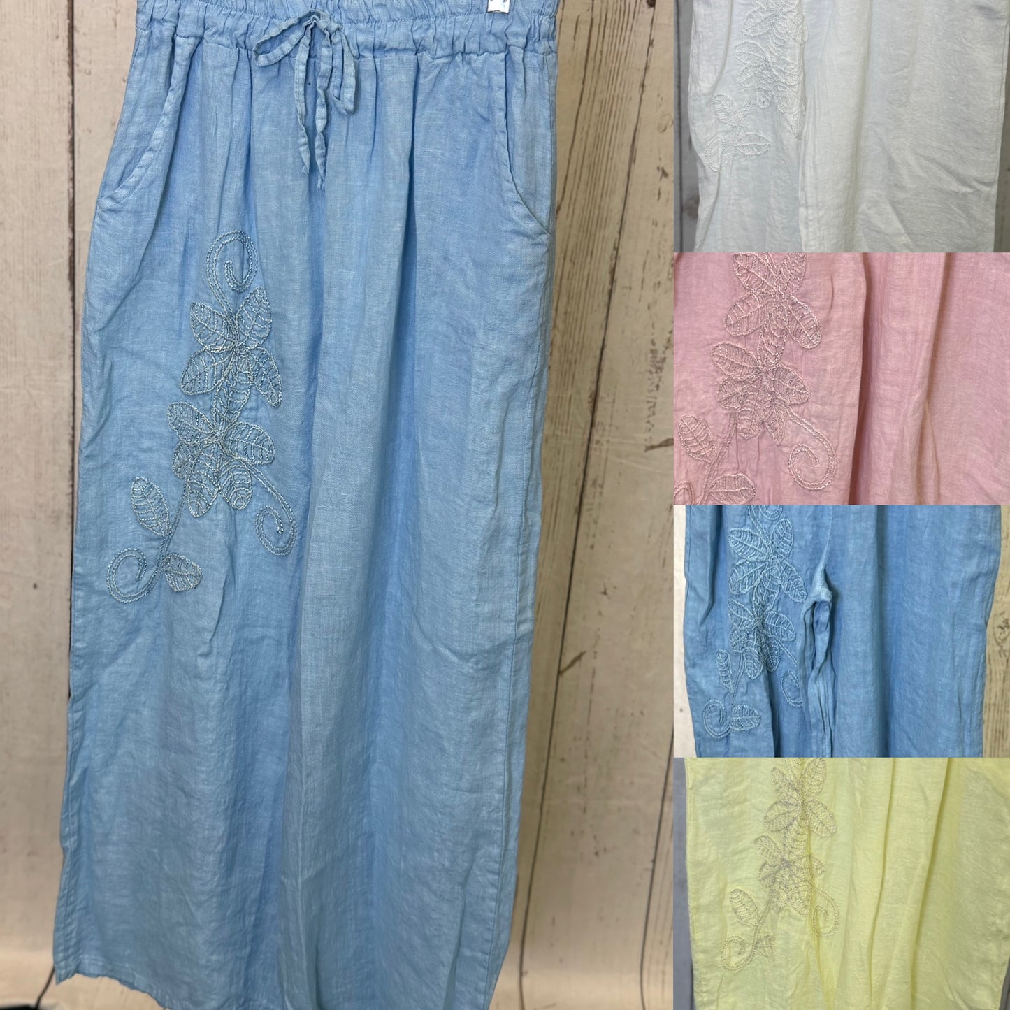 Made in Italy Linen Pant with Embroidered Flower Detail