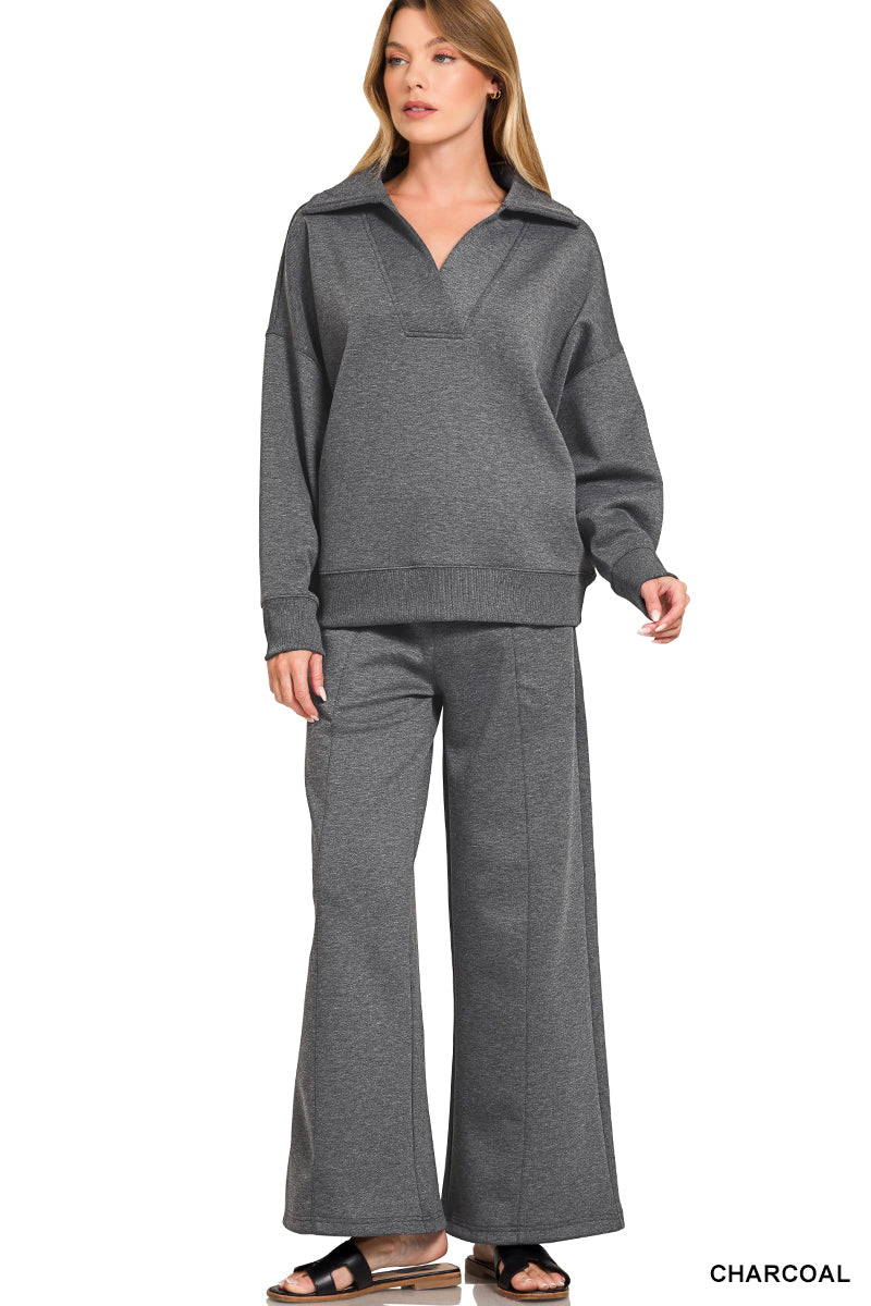 Zenana Charcoal SCUBA COLLARED PULLOVER & PANTS SET