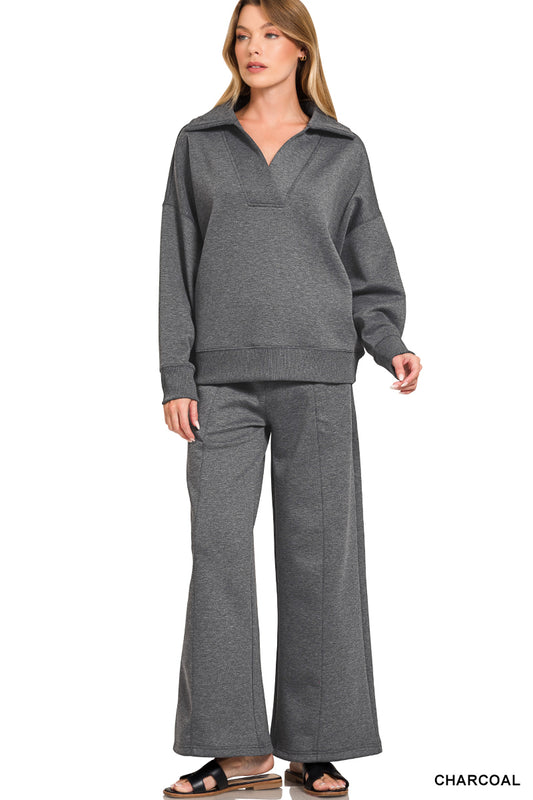 Zenana Charcoal SCUBA COLLARED PULLOVER & PANTS SET