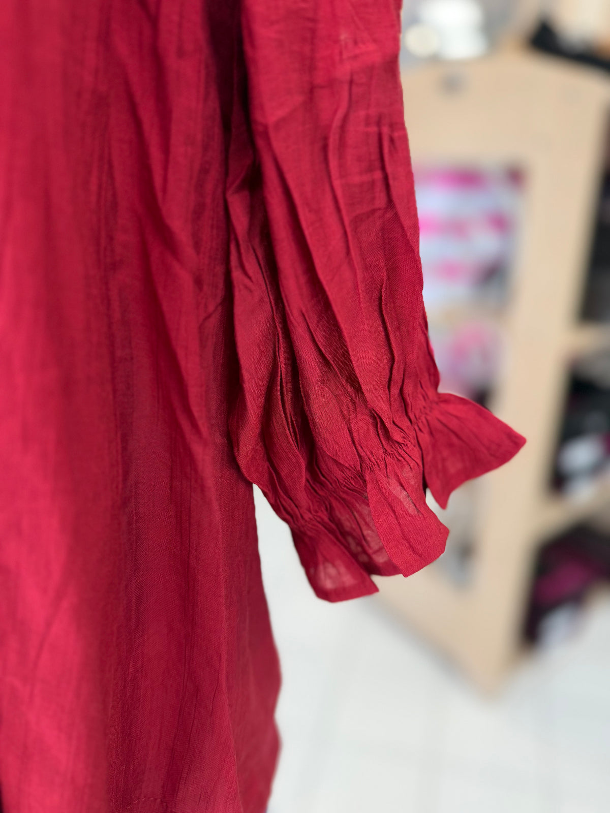 Umgee Crimson Smocked Yoke Button Front Blouse
