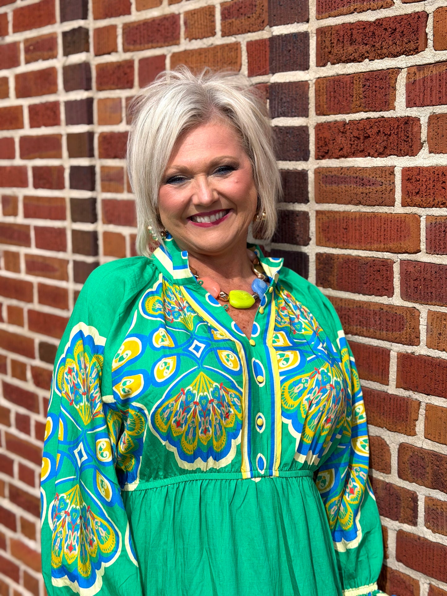 Umgee Green Border Print Midi Dress