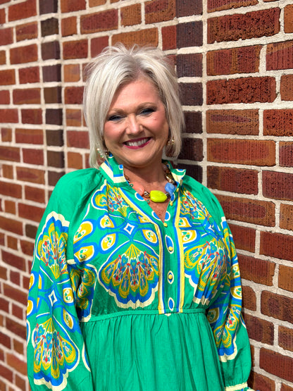 Umgee Green Border Print Midi Dress