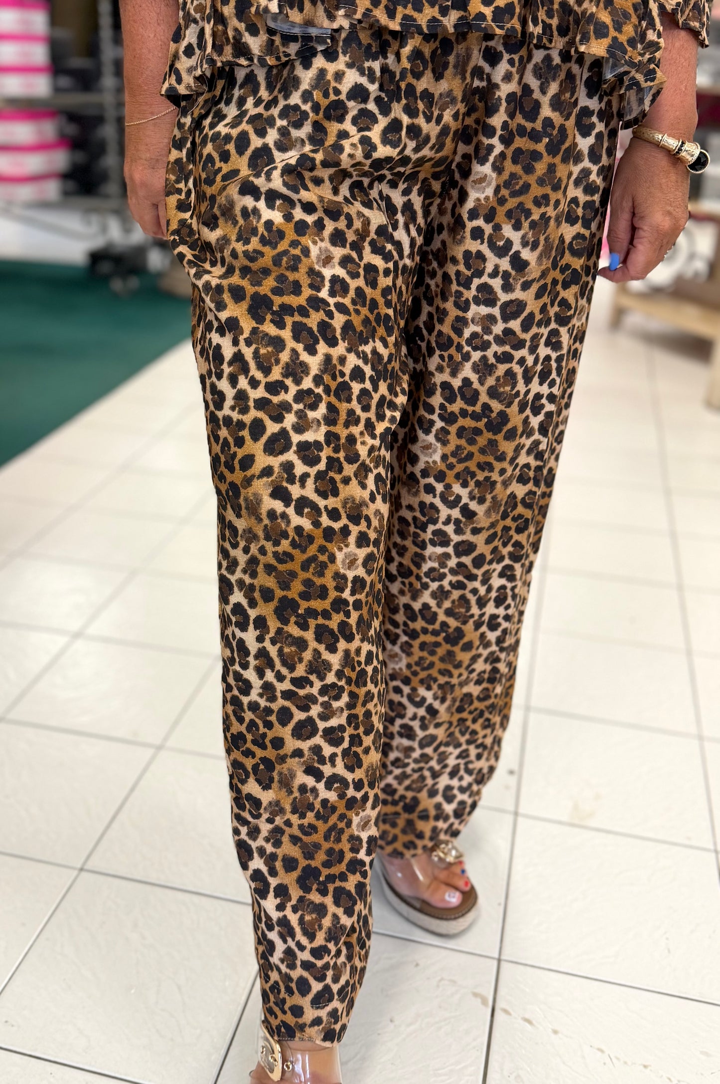 Umgee Latte Brown Leopard Print Scallop Hem Wide Leg Pants