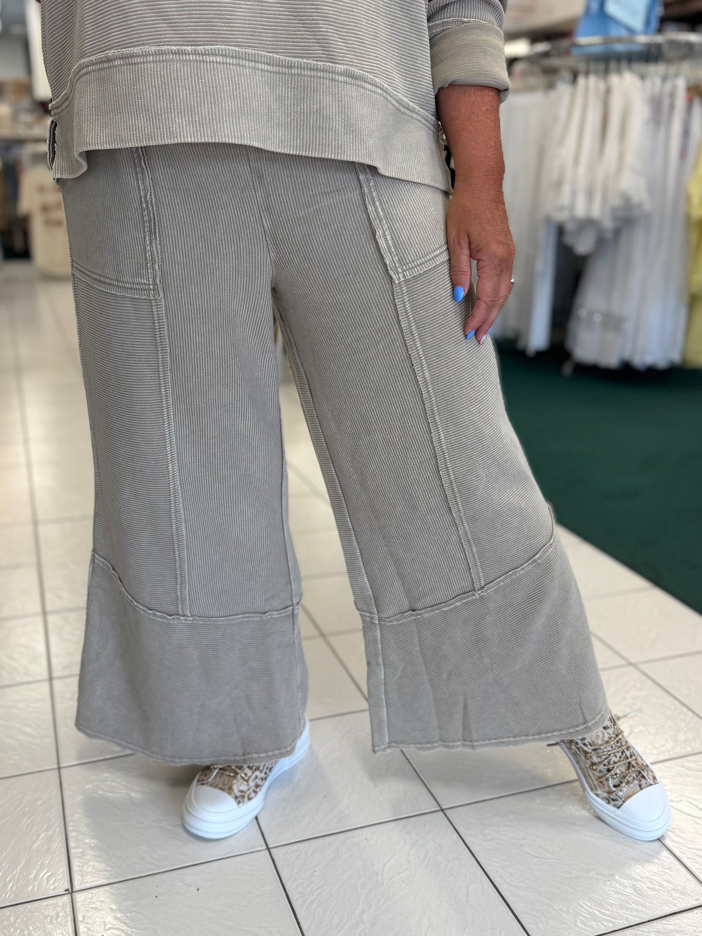 Easel Light Mocha Textured Mineral Washed Bell Bottom Pants