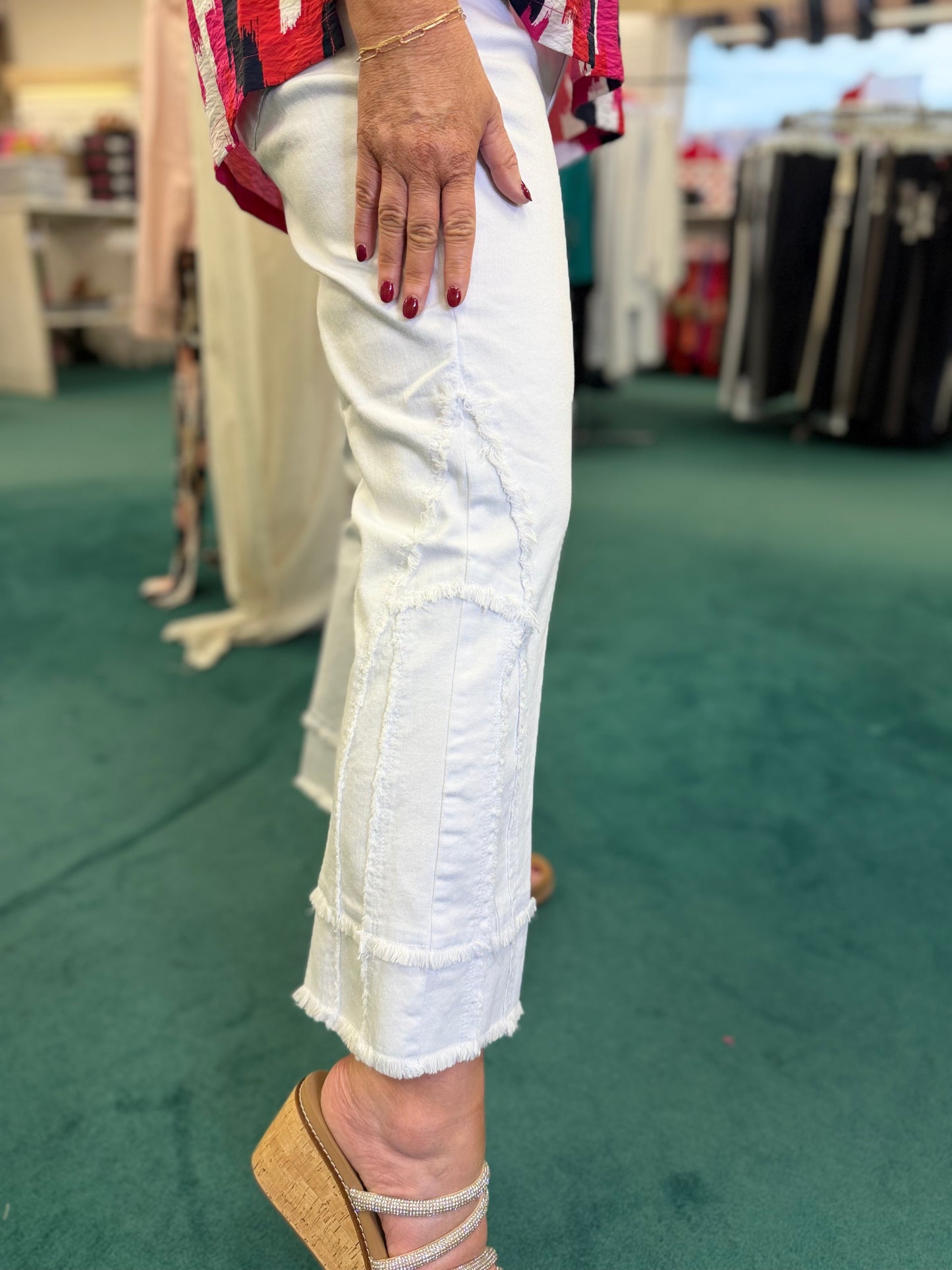 FLARE LEG CROP PANT WITH FRINGED TRIM - WHITE