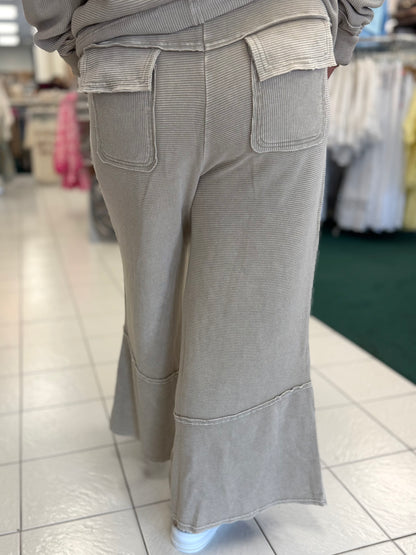 Easel Light Mocha Textured Mineral Washed Bell Bottom Pants