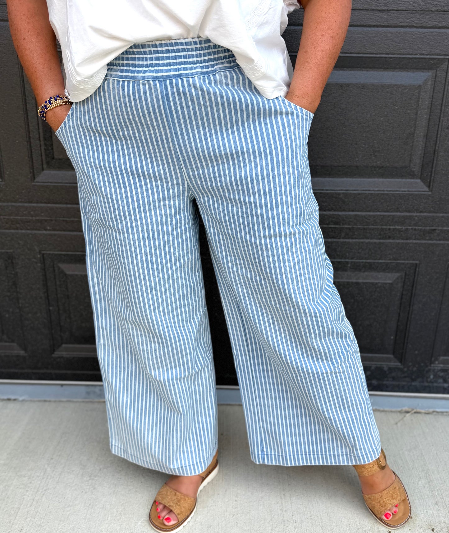 Umgee Light Denim Stone Wash Stripe Wide-Leg Pants
