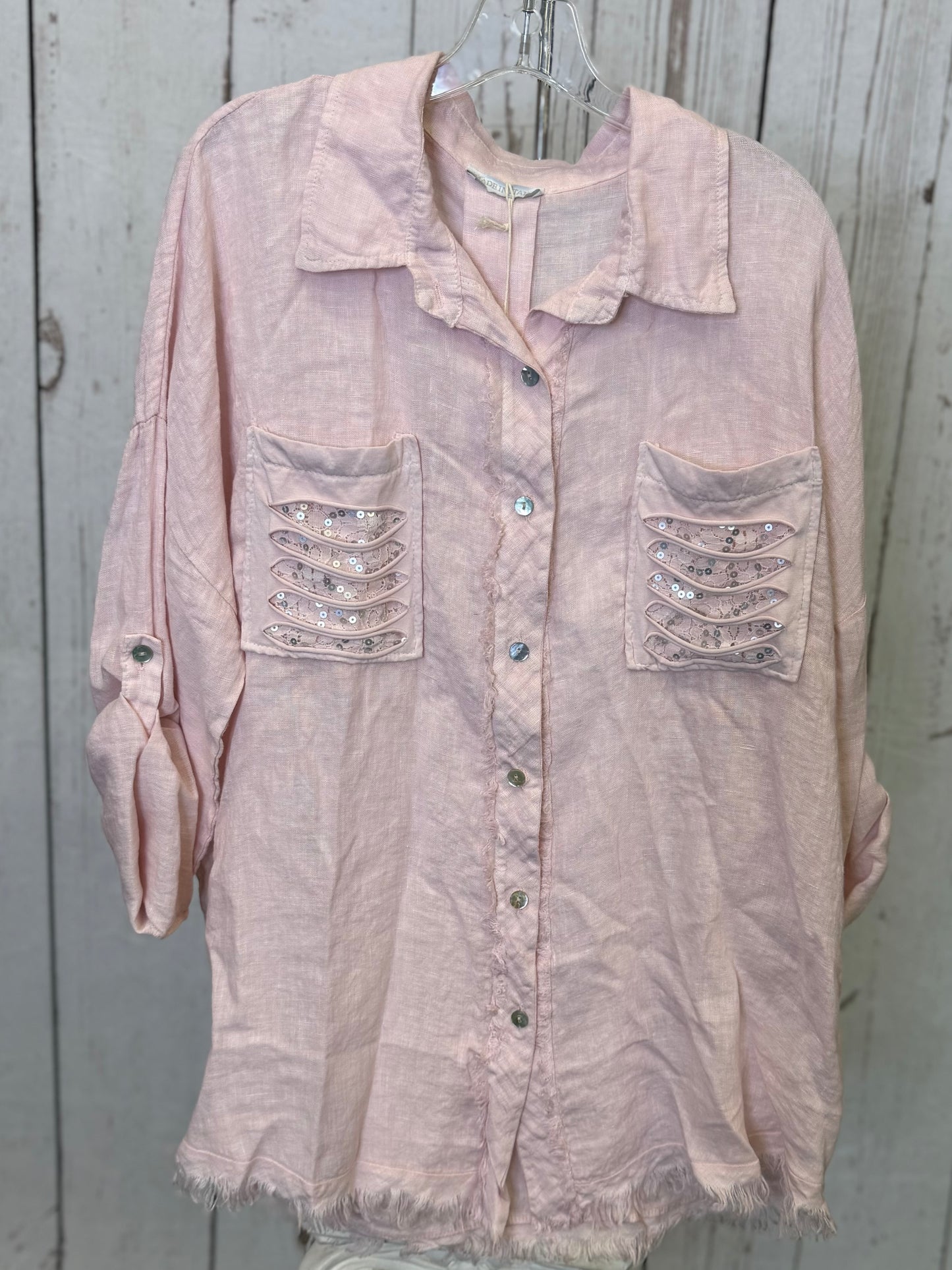 Made in Italy Linen Button Front Top with Decorative Front Pockets