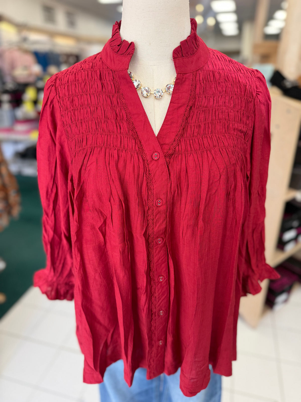Umgee Crimson Smocked Yoke Button Front Blouse