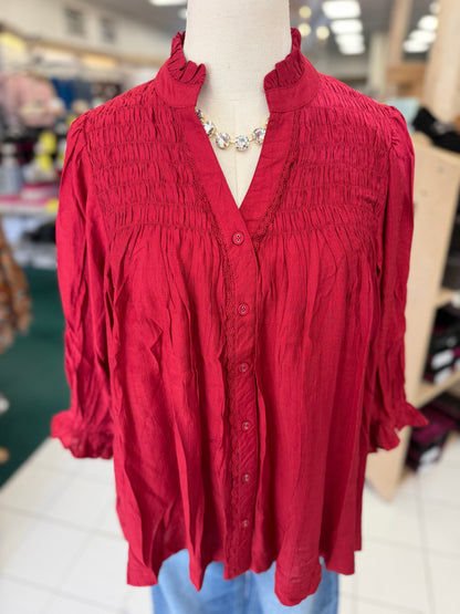 Umgee Crimson Smocked Yoke Button Front Blouse