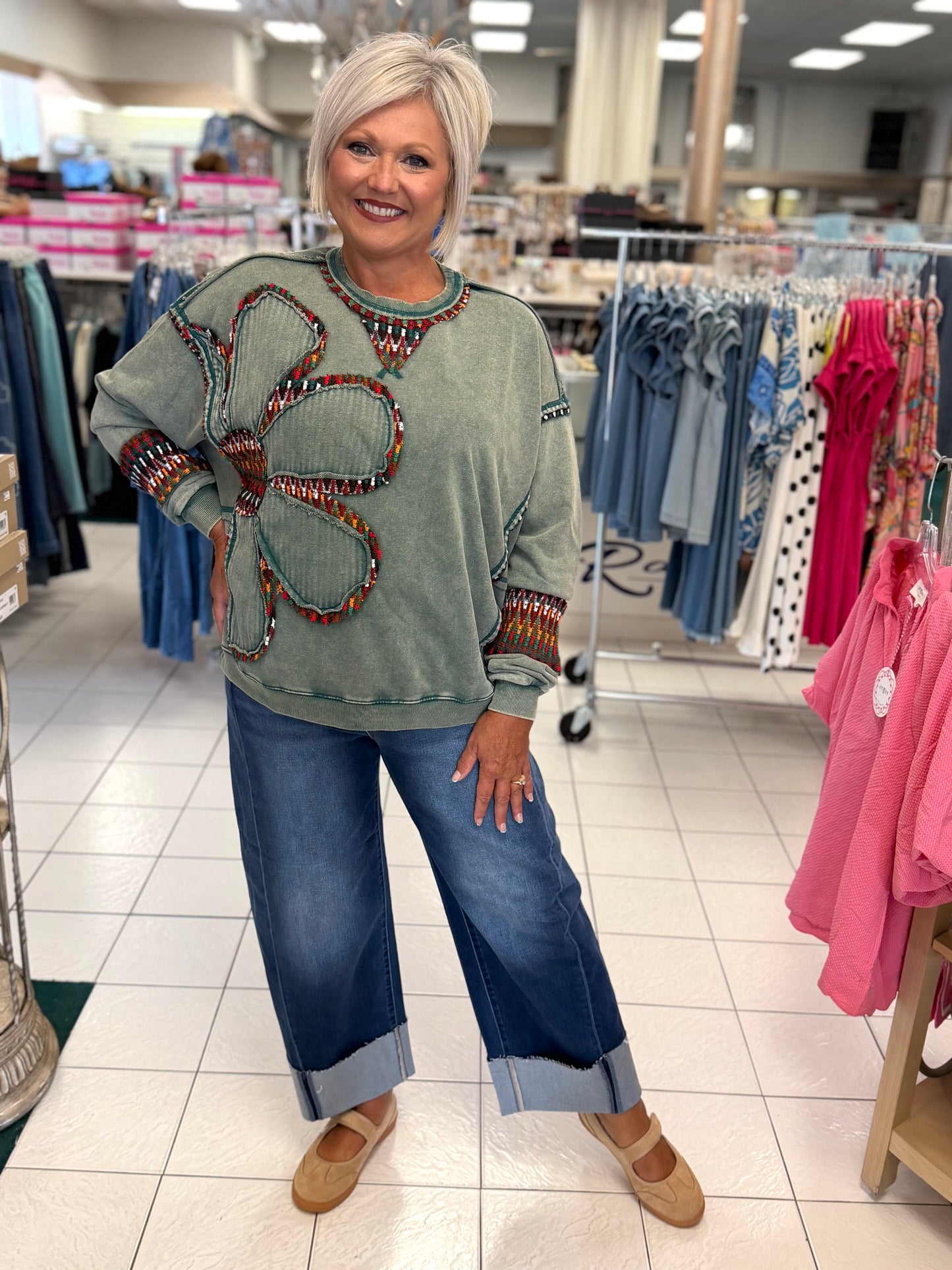 Easel Pine Green Floral Patch Washed Terry Pullover