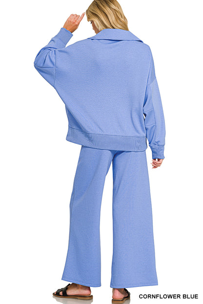 Zenana Cornflower Blue SCUBA COLLARED PULLOVER & PANTS SET