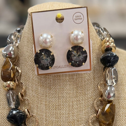 Pearl & Large Rhinestone Stud Earrings