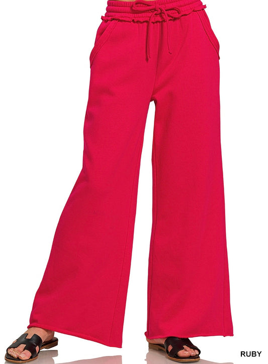 Zenana FLEECE EXPOSED SEAM WIDE LEG SWEATPANTS