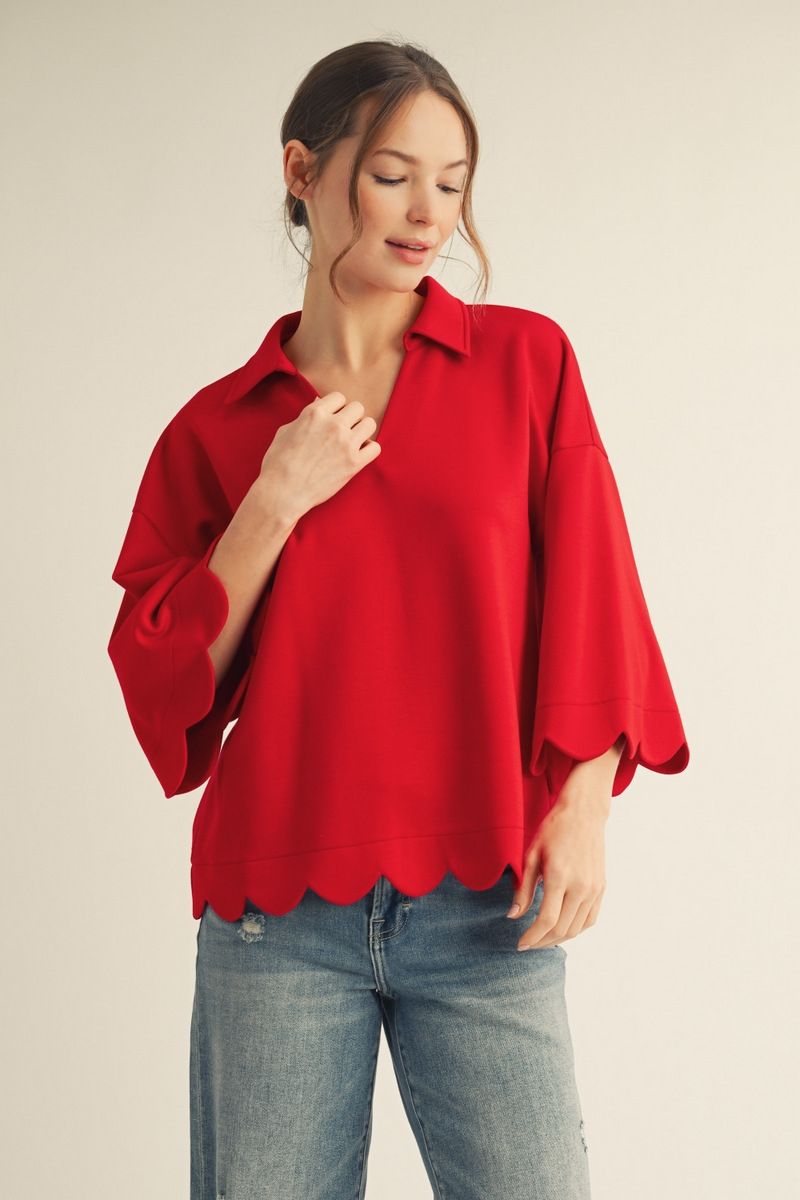 Jodifl Vneck top w/ Scallop Hem and Sleeve in Plus Size