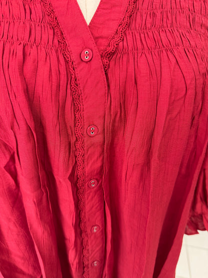 Umgee Crimson Smocked Yoke Button Front Blouse