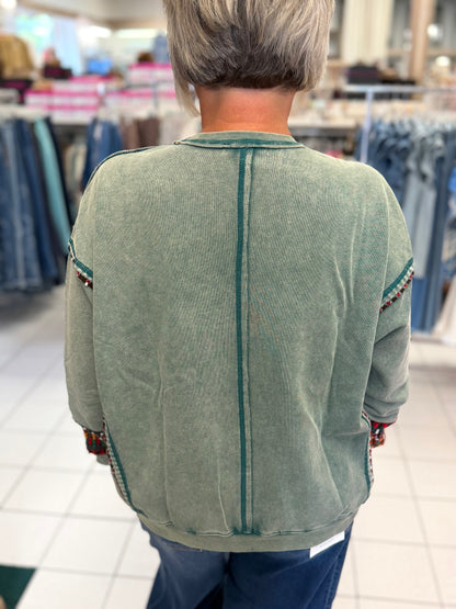 Easel Pine Green Floral Patch Washed Terry Pullover