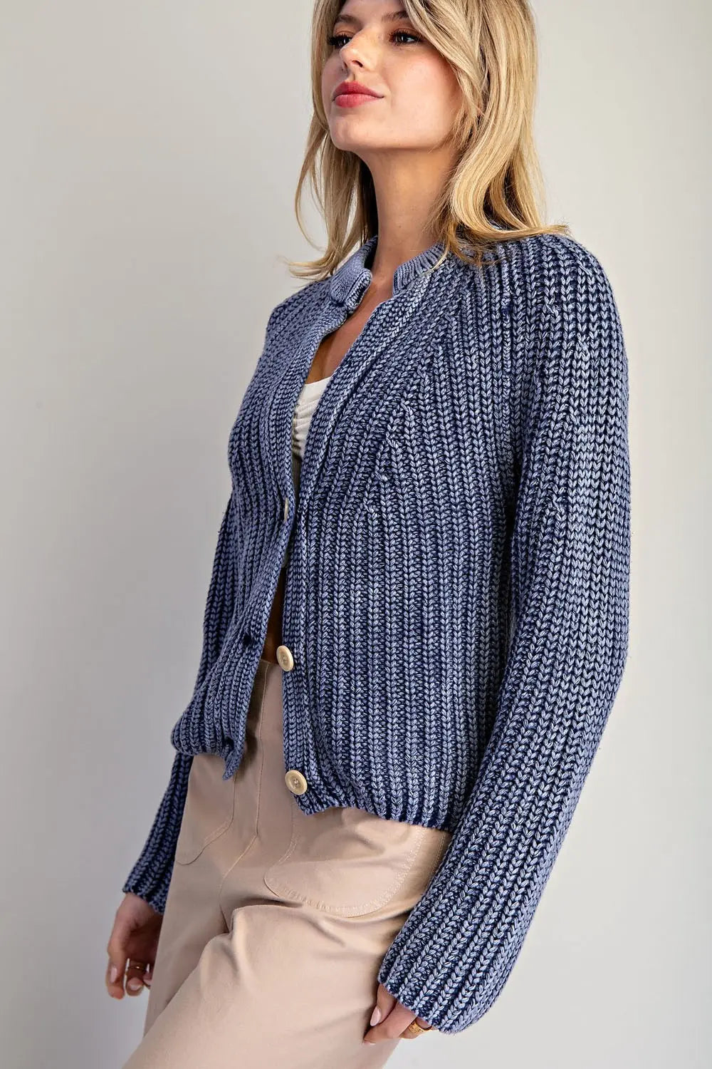 EESOME Denim Long Sleeve Button Down Knit Cardigan