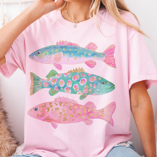 Coastal Preppy Fish Pink Blue Beach Ocean Club Graphic Tee: Pink