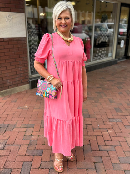 Umgee Coral Pink Solid V-Neck Tiered Midi Dress