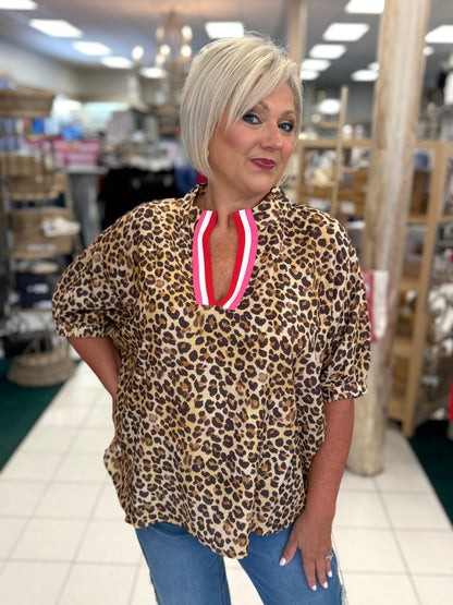 Bibi Leopard Contrast Banded Dolman Sleeves Top