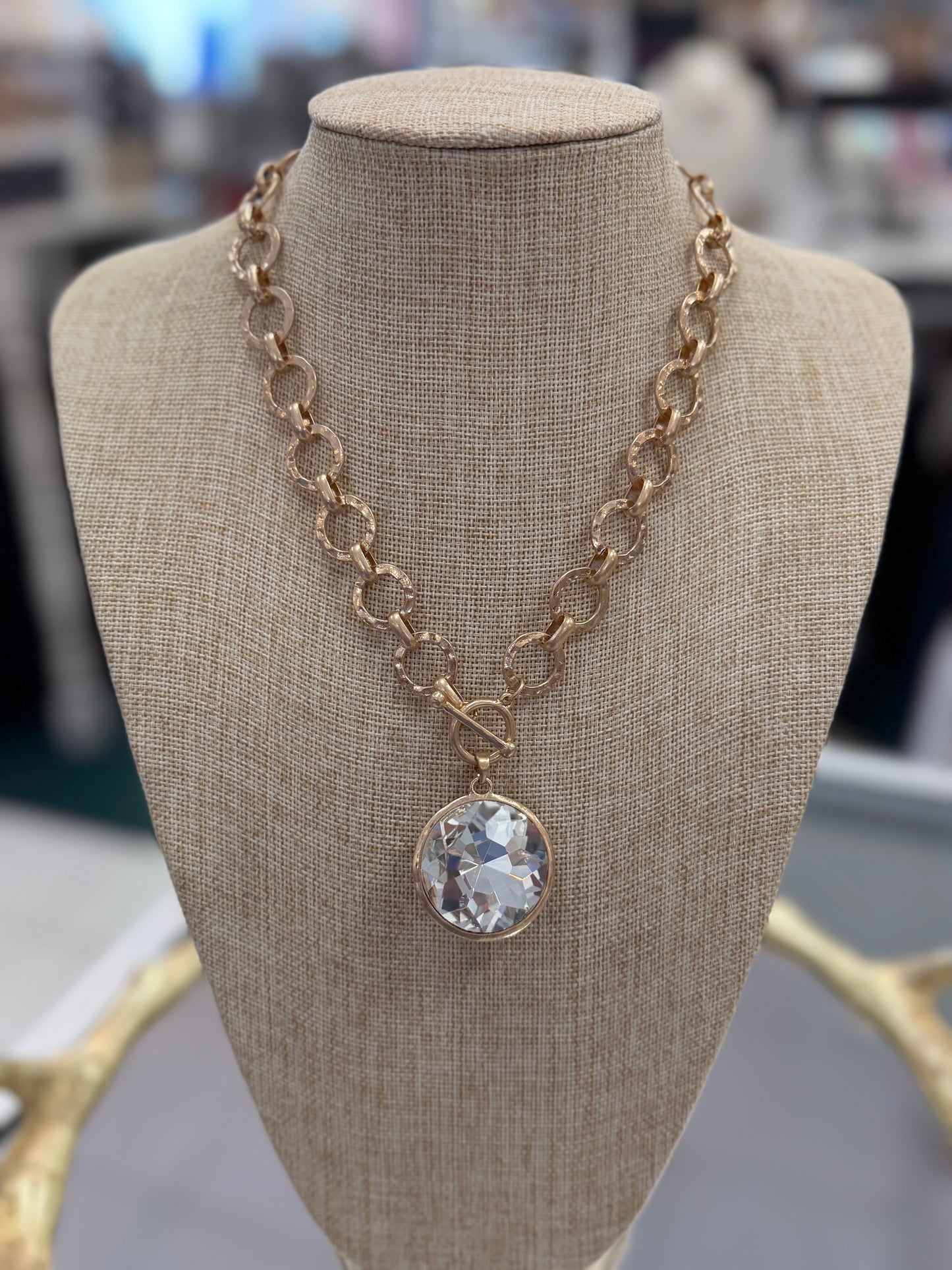 The Showstopper Hammered Gold Necklace with Large Crystal Stone