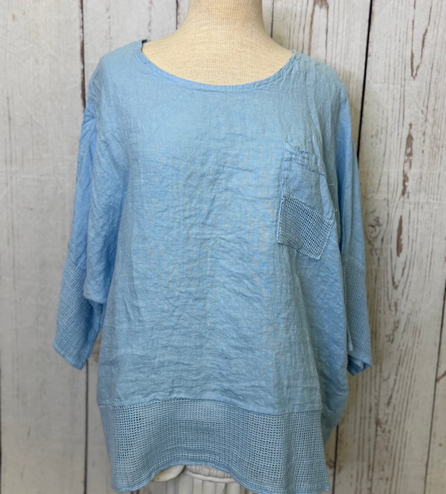 Made in Italy Linen Top with Crochet Net Trim