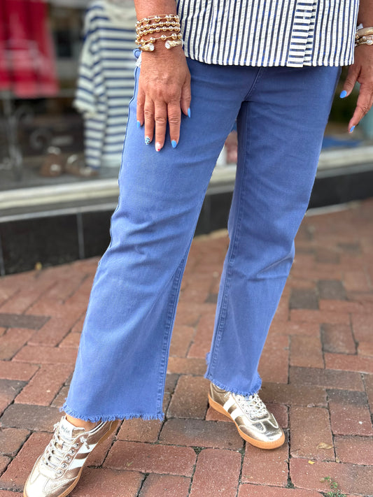 Zenana Marlin Blue Acid Washed High Waist Frayed Hem Bootcut Pants