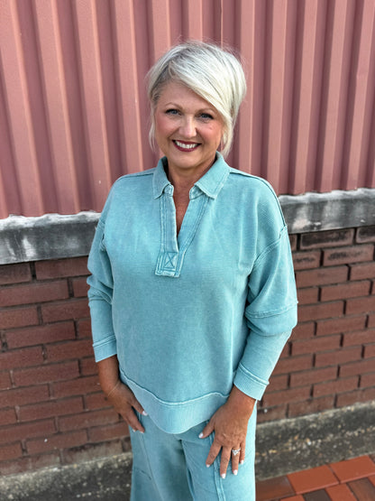 Easel Faded Teal TEXTURED THERMAL WASHED PULLOVER