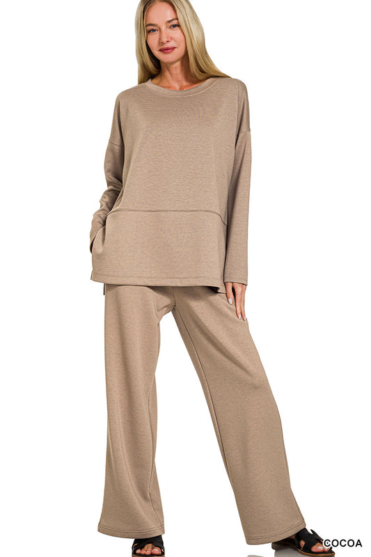 Zenana COCOA SCUBA SIDE SLIT TOP & PANTS SET