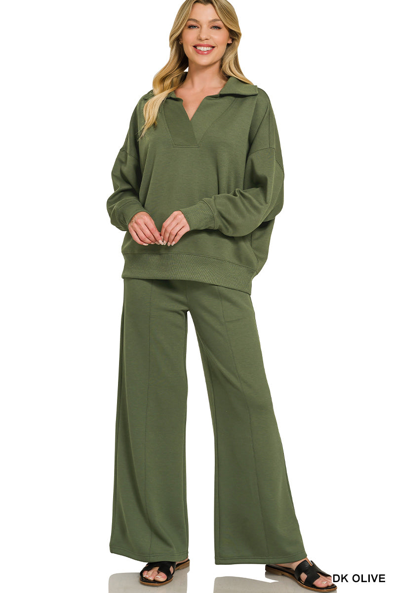 Zenana Dark Olive SCUBA COLLARED PULLOVER & PANTS SET