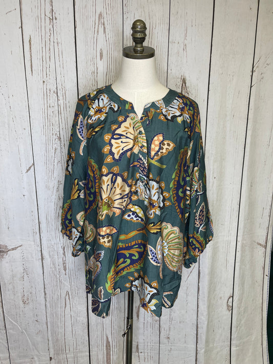 Umgee Plus Size Teal Boho Paisley Puff Sleeve Top
