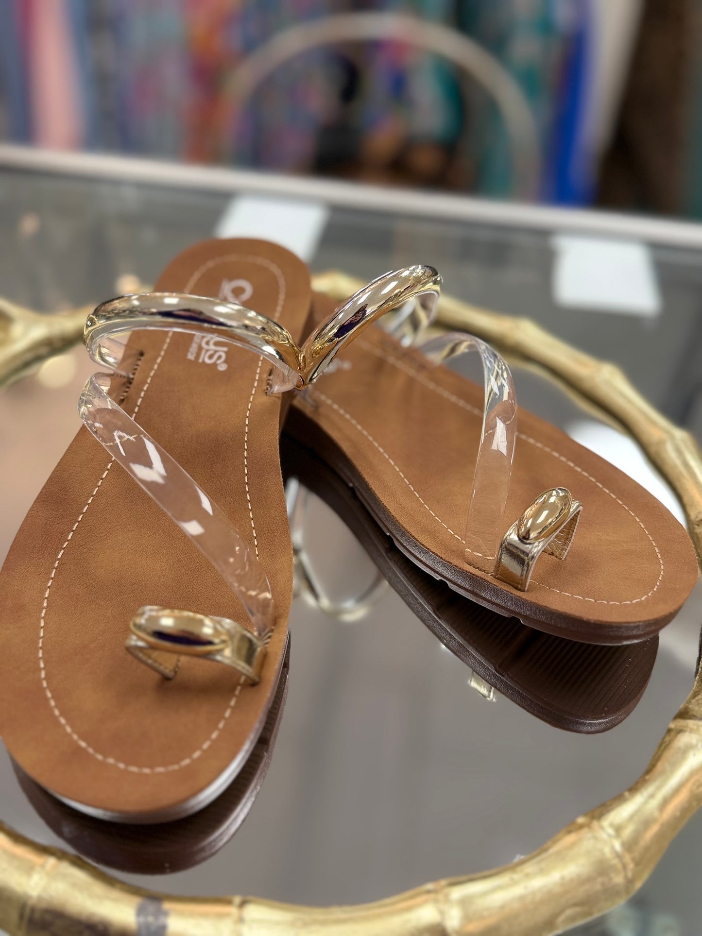 Corkys Hit The Strip Clear Flat Sandal with Gold Accents