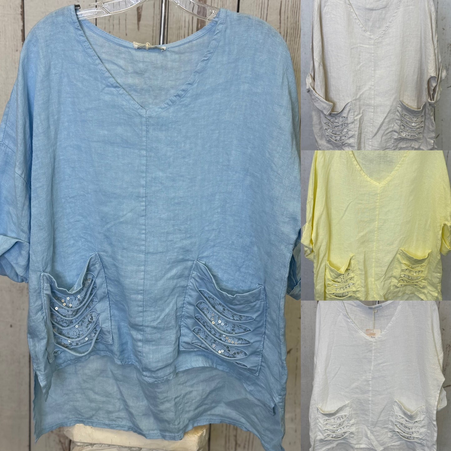 Made in Italy Linen Blouse with Lace and Ripped Fabric Front Pockets