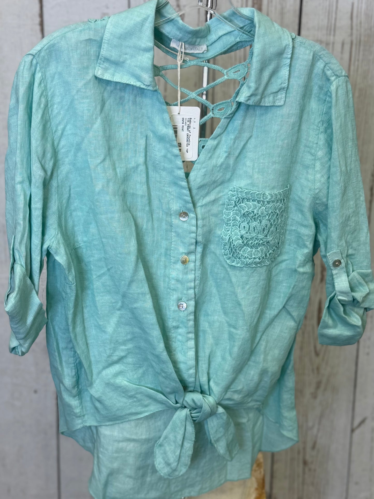 Made in Italy Tie Front Linen Top with Crocheted Back Detail