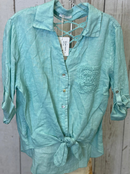 Made in Italy Tie Front Linen Top with Crocheted Back Detail