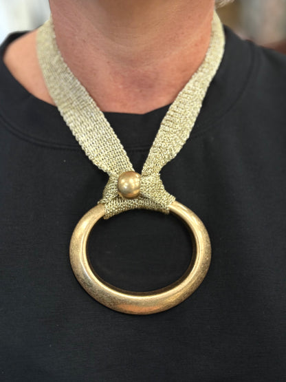 Gold Stretch Strap with 3.5" Open Oval Charm. Very Large 18" Necklace