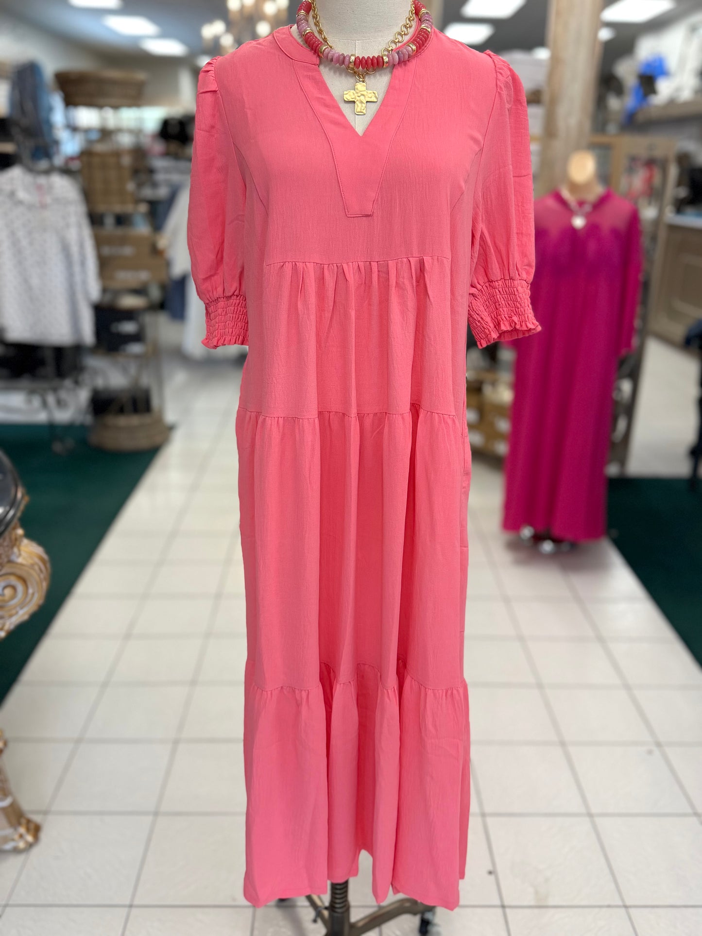 Umgee Coral Pink Solid V-Neck Tiered Midi Dress