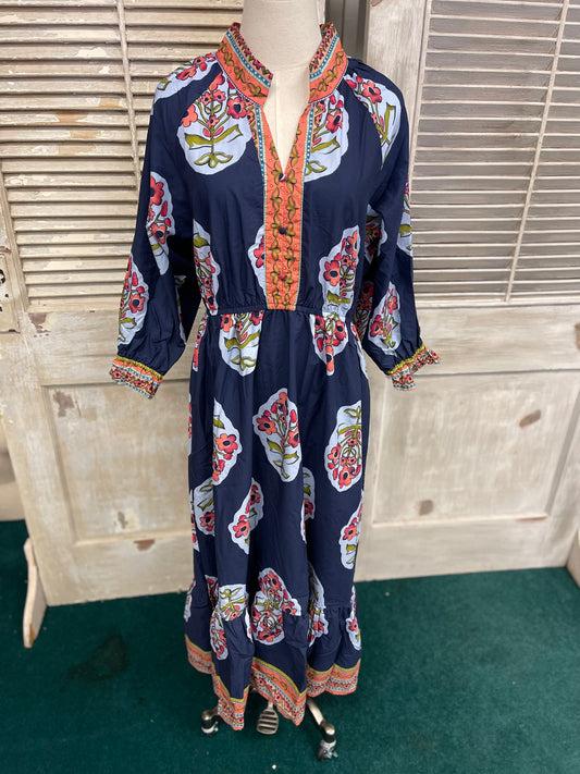 Umgee Flower Patch Boarder Print V-Neck Midi Dress