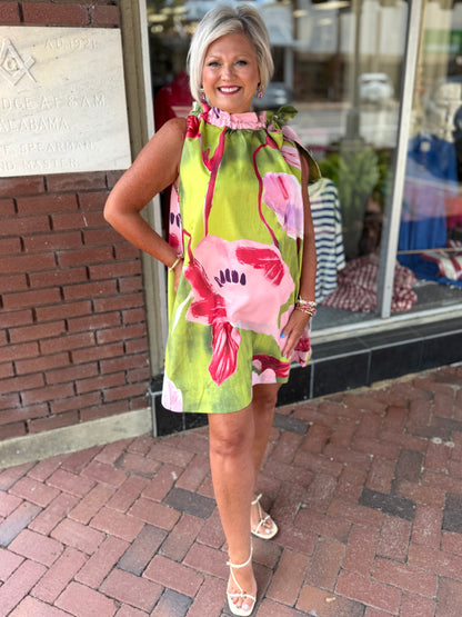 Glam Ruffle Neck Tie Sleeveless Floral Print Mini Dress