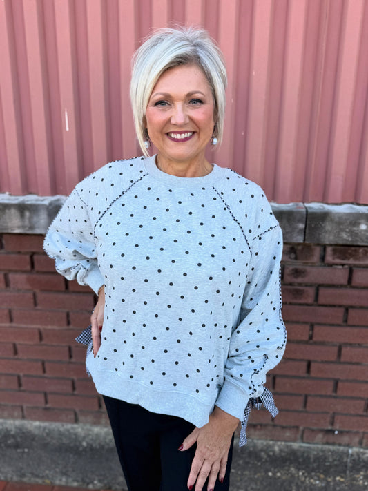 Gingham Piping & Bow Tied Polka Dot Sweatshirt