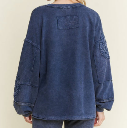 J. Her Navy Mineral Washed Doily V-Neck Blouse